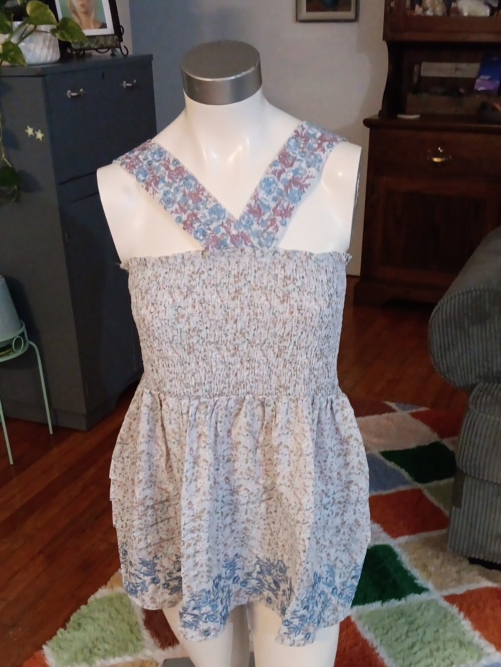 DAVI & DANI Cream Floral Smocked Tunic with Blue Cross Straps